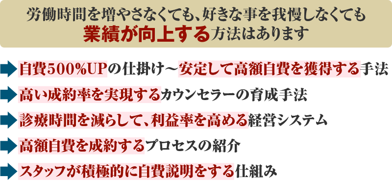 労働時間を増やさなくても、好きな事を我慢しなくても業績が向上する方法はあります 自費５００％UPの仕掛け～安定して高額自費を獲得する手法 高い成約率を実現するカウンセラーの育成手法 診療時間を減らして、利益率を高める経営システム 高額自費を成約するプロセスの紹介 スタッフが積極的に自費説明をする仕組み