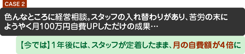 色んなところに経営相談。スタッフの入れ替わりがあり、苦労の末にようやく月100万円自費UPしただけの成果…【今では】１年後には、スタッフが定着したまま、月の自費額が４倍に